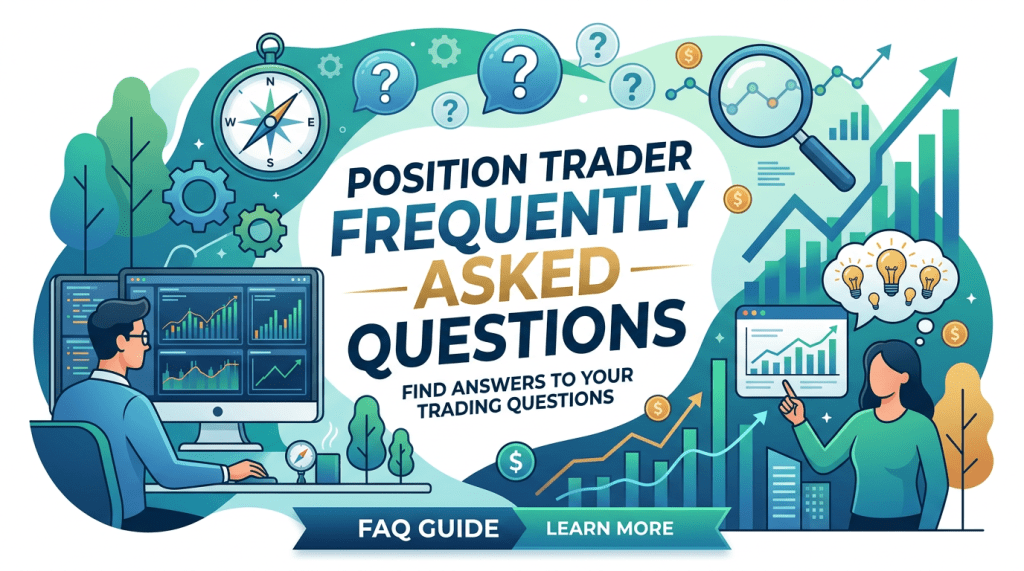 Position trader FAQ guide with charts, graphs, and trading concept icons