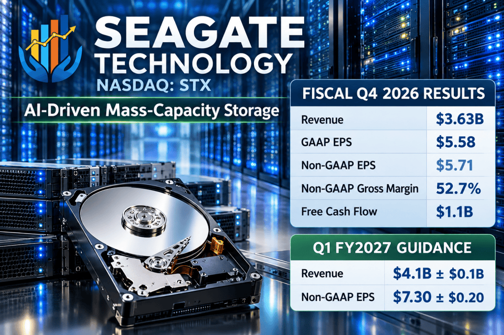 Seagate Technology logo with a backdrop of data storage servers, displaying Q4 2026 financial results and Q1 FY2027 guidance.