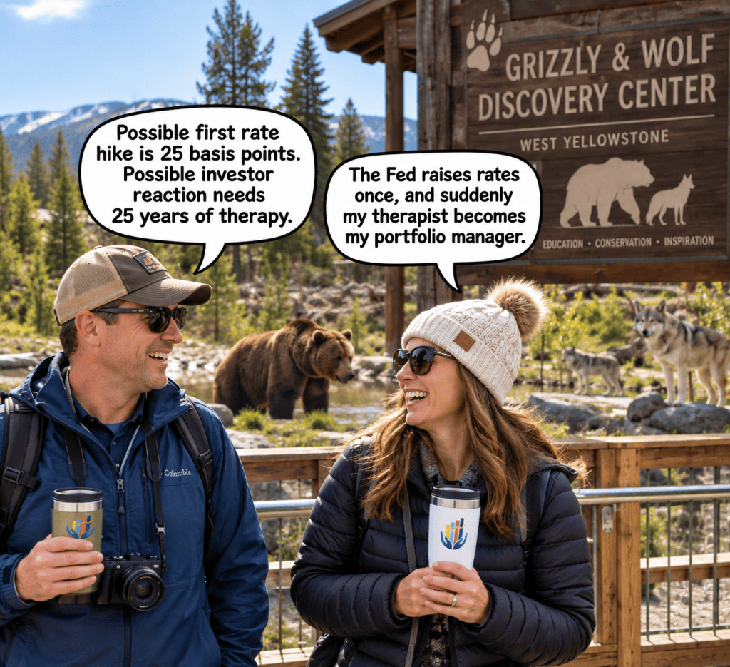 A man and a woman enjoying a conversation with animals in the background at the Grizzly & Wolf Discovery Center in West Yellowstone. The man wears sunglasses and a cap holding a camera, while the woman, also in sunglasses and a hat, holds a coffee cup and laughs.