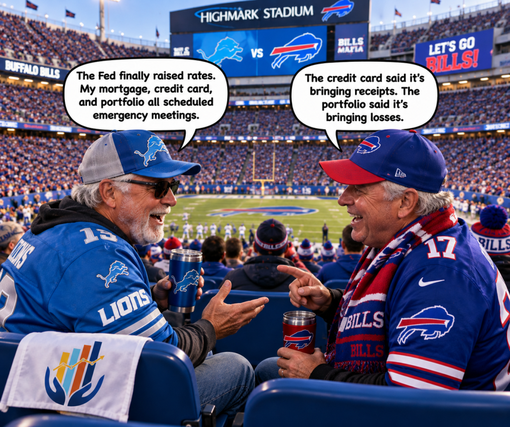 Two men sitting in a stadium, wearing sports jerseys and hats, engaged in a humorous conversation about finance during a football game between the Buffalo Bills and another team.