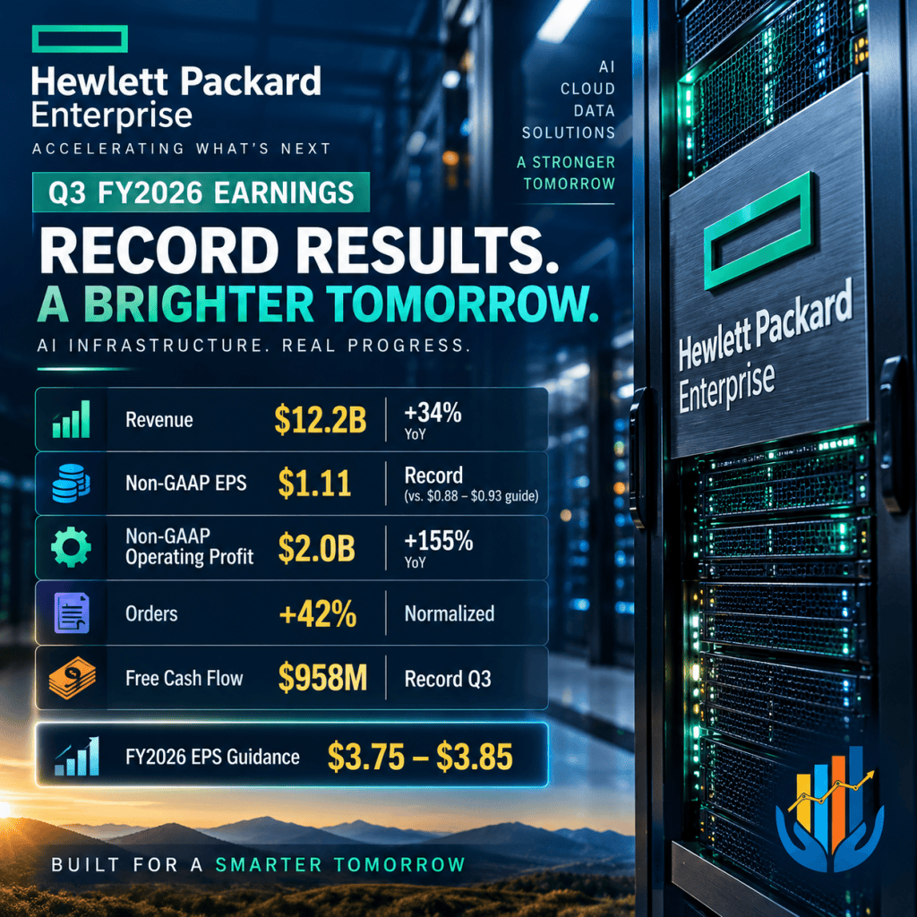 Infographic showcasing Hewlett Packard Enterprise's Q3 FY2026 earnings results, highlighting record revenue of $12.2B, non-GAAP EPS of $1.11, and non-GAAP operating profit of $2.0B with notable year-over-year growth.