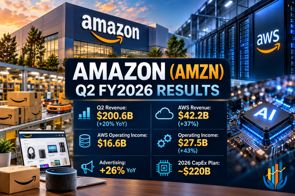 Infographic displaying Amazon's financial results for Q2 FY2026, including key metrics such as total revenue of $200.6B, AWS revenue of $42.2B, and operating income figures, set against a backdrop of an Amazon warehouse and AWS branding.