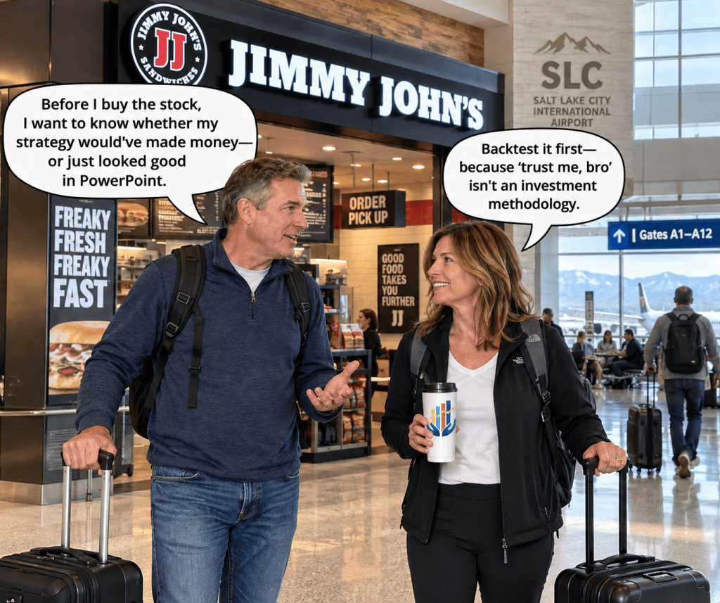 Two travelers having a conversation in an airport near a Jimmy John's restaurant, discussing investment strategies. One traveler holds a suitcase and the other has a travel mug.