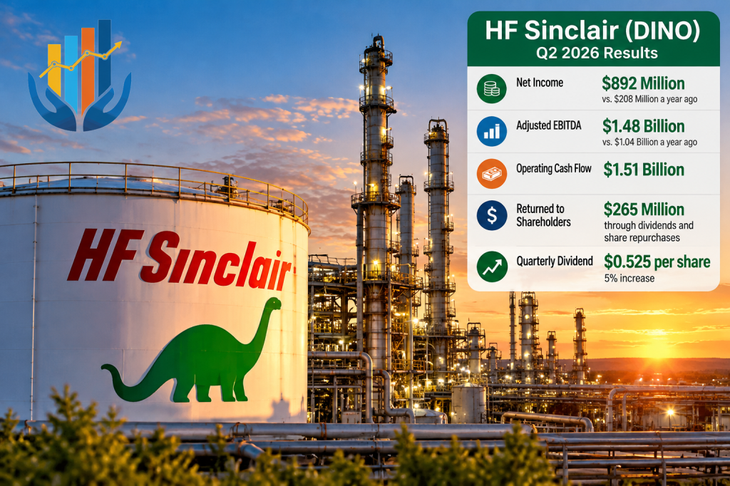 A large oil storage tank with 'HF Sinclair' and a green dinosaur logo is prominently featured, with an industrial facility and sunset in the background. An infographic on the right displays financial results for Q2 2026, including net income, EBITDA, operating cash flow, shareholder returns, and quarterly dividend.